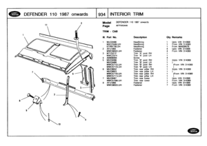 Page 935
DEFENDER
110
1987
onwards

	

t934]
INTERIOR
TRIM

Model

Page

TRIM
-
CAB

DEFENDER
110

AFPXKA4A

1987
onwards

III
.
Part
No
.
Description
Qty
Remarks

1
MUC6496
Headlining
1
Upto
VIN
314368
MXC234BLUH
Headlining
1
From
VIN
314369
BTR9179LUH
Headlining
1
FromMA939976
2
AFU1900
Fastener
4
Upto
VIN
314368
MWC9832LUH
Fastener
4
From
VIN
314369
3
MTC5212
Trim
A
post
RH
1
MWC2314
Trim
A
post
LH
1
4
AB606084
Screw
45
MUC6498
Trim
B
post
RH
1
)Upto
VIN314368
MUC6499
Trim
B
post
LH
1
MWC5712LUH
Trim
B
post...