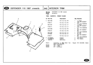 Page 946
DEFENDER
110
1987
o
nwards

	

945
INTERIOR
TRIM

Model

Page

DEFENDER
110
1987
onwards

AFPXPA1A

TRIM
-
CARPETS
-
FRONTFLOOR

Note(1)
Note(2)Note(3)Note(4)

KA929547

KA929548

KA929547

KA929548

KA929547

KA929548

KA929547

KA929548
(1)
e(1)

Introduction
of
1988
Model
Year
-
Regular
VIN
EA314292,
Station
Wagon
VIN
EA314268
RD
=
Brushwood
LDE
=
Slate
AV
=
Brushwood

III
.
Part
No
.
Description
Oty
Remarks

5MUC1498
Felt
front
floor
RH
4
cylinder
Upto
VIN
BTR8114
Felt
floor
front
RH
LT77
From
VIN...