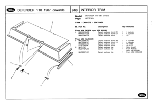 Page 949
DEFENDER
1101987
onwards

	

948
INTERIORTRIM

4

Model

Page

TRIM
-
CARPETS
-
SEATBASE

DEFENDER
110
1987
onwards

AFPXPA2A

III
.
Part
No
.

From
VIN
347904
upto
1
MWC9370LDE

Description

VIN
455595
Carpetseatbase
front
RH

Qty

1

Remarks

4
cylinder
MWC9371LDE
Carpetseatbase
front
LH
1
4
cylinder
MWC9369LDE
Carpetseatbase
front
1
V8

From
VIN
HA455596
1
MXC233BLDE
Carpetseatbase
front
RH
1
4
cylinder
MXC2339LDE
Carpet
seatbase
front
LH
1
4
cylinder
MXC234OLDE
Carpetseatbase
front
1
V8
LT85...