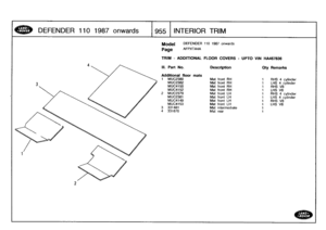 Page 956
DEFENDER
110
1987
onwards

	

955
INTERI
O
R
T
RIM

Model

Page

DEFENDER
110
1987
onwards

AFPXTA4A

TRIM
-
ADDITIONAL
FLOOR
COVERS
-
UPTO
VIN
HA467836

III
.
Part
No
.
Description
Oty
Remarks

Additional
floor
mats
1
MUC2380
Mat
front
RH
1
RHS
4
cylinder
MUC2382
Mat
front
RH
1
LHS
4
cylinder
MUC4150
Mat
front
RH
1
RHS
V8
MUC4152
Mat
front
RH
1
LHS
V8
2
MUC2379
Mat
front
LH
1
RHS
4
cylinder
MUC2381
Mat
front
LH
1
LHS
4
cylinder
MUC4149
Mat
front
LH
1
RHS
V8
MUC4153
Mat
front
LH
1
LHS
V8
3
331481
Mat...