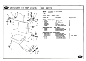 Page 960
DEFENDER
110
1
98
7
o
nw
ards

	

g5g
[SEATS

Model

Page

DEFENDER
110
1987
onwards

AFRXEA1A

FRONT
SEATS
-
BASIC
-
VINYL

III
.
Part
No
.

Fixings
-
Centre
7349931

Description

squab
Washer
plastic

Oty
Remarks

28
RTC614
Pin
split
2
349997
Stop
seat
squab
4
SP604061
Screw
4
WE600041L
Shakeproof
Washer
4
349998
Strip
edging
seat
frame4

Seat
cushion-black
Upto
Note(1)
9
320699
Cushion
driver
seat
320699
Cushion
passenger
seat
320726
Cushion
centre
seat

Seat
cushion-grey
-
From
Note(t)
9
MWC5573LCS...