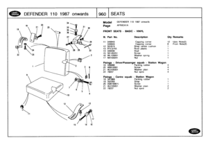 Page 961
DEFENDER
1101987
onwards

	

960
SEATS

Model

Page

DEFENDER
110
1987
onwards

AFRXEA1A

FRONT
SEATS
-
BASIC
-
VINYL

111
.
Part
No
.

	

Description

	

Oty
Remarks

11
349943349943
12
331974
13
RTC3755
14348430
15
SE105251
16
WL105001
17
NH105041

Capping
corner

	

12
Upto
Note(2)
Capping
corner

	

8

	

From
Note(2)
Strap
centrecushion

	

t
Rivet
plastic

	

1
Stud

	

i
Screw

	

1
Washer
spring

	

1
Nut

	

1

Fixings
-
Driver/Passenger
squab
-
Station
Wagon
18
339986

	

Packing
rubber

	

4...