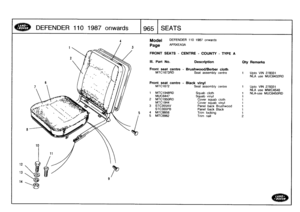 Page 966
DEFENDER
11
0
1
987
onwards

	

1
T
9
65
SEATS

12
13
14

4
Model

Page

DEFENDER
110
1987
onwards

AFRXEA3A

FRONT
SEATS
-
CENTRE
-
COUNTY
-
TYPE
A

Ill
.
Part
No
.

	

Description

	

Oty
Remarks

Front
seat
centre
-
Brushwood/Berber
cloth
Upto
VIN
278331
NLA
use
MUC8432RD

Upto
VIN
278331
NLA
use
MWC4548
NLA-use
MUC8450RD

MTC1673RD
Seat
assembly
centre
1

Front
seat
centre
-
Black
vinyl
MTC1672
Seat
assembly
centre
1

1
MTC1948RD
Squab
cloth
1
MUC8447
Squab
vinyl
1
2
MTC1950RD
Coversquab
cloth
1...