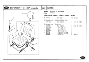 Page 968
DEFENDER
11
0
1
98
7
onwards

	

19

67
SEATS

19

16

----------------

0

_______
I

	

----------------------------------------------------------
i

Model

	

DEFENDER
110
1987
onwards

Page
AFRXEA4A

L-l,
(
)

FRONT
SEATS
-

Ill
.
Part
No
.

Drivers
seat
assy
1
MUC8428RD

DRIVER
-
COUNTY
-
TYPE
B

Description

-
Brushwood/Berber
cloth
Seat
assy
RHS

-
NOTE(t)

Oty

1

Remarks

From
VIN
278331
---------------------------
MUC8429RD
Seat
assy
LHS
1
From
VIN
278331

Drivers
seat
assy
-
Black
vinyl
1...