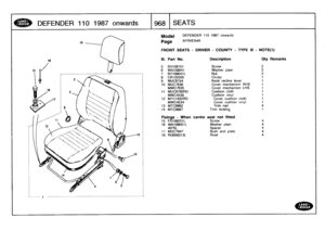 Page 969
DEFENDER
110
1987
onwards

	

1968
SEATS

Model

Page

DEFENDER
110
1987
onwards

AFRXEA4A

FRONT
SEATS
-
DRIVER
-
COUNTY
-
TYPE
B
-
NOTE(t)

III
.
Part
No
.
Description
Oty
Remarks

5
SH108151
Screw
26
WA108041
Washer
plain
27
NY108041L
Nut2
8
CR120205
Circlrp
1
9
MUC8754
Knob
recline
lever
1
10
MUC7636
Cover
mechanism
RHS
t
MWC7635
Cover
mechanism
LHS
1
11
MUC8780RD
Cushion
cloth
1
MWC4535
Cushion
vinyl
1
12
MTC1932RD
Cover
cushion
cloth
1
MWC4534
Cover
cushion
vinyl
1

13
MTC9962
Trim
nail
4
14...