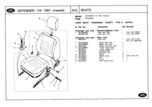 Page 971
DEFENDER
110
1987onwards
J970
[SEATS

Model

	

DEFENDER
110
1987
onwards

Page
AFRXEA5A

FRONT
SEATS
-
PASSENGER
-
COUNTY
-
TYPE
B
-
NOTE(t)

III
.
Part
No
.

	

Description

	

Oty
Remarks

Passenger
seat
assy
1
MUC84308DMUCS431RD

Passen
er
seat
assy
1
MwF33o1

-
Brushwood/Berber
cloth
Seat
assy
RHS
Seat
assy
LHS

-
Black
vinylSeatassy

11

1

From
VIN
278331
From
VIN
278331

From
VIN
277447
NLA
Use
MWC3307

2
MUC8449RD
Squab
RHS
cloth
1

MUC8448RD
Squab
LHS
cloth
1

2
MWC3305
Squab
and
frame
vinyl...