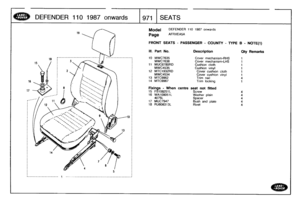 Page 972
DEFENDER
1101987
onwards
971

Model

Page

SEATS

DEFENDER
110
1987
onwards

AFRXEA5A

FRONT
SEATS
-
PASSENGER
-
COUNTY
-
TYPE
B
-
NOTE(1)

III
.
Part
No
.
Description
City
Remarks

10
MWC7635
Cover
mechanism-RHS
1
MWC7636
Cover
mechanism-LHS
1
11
MUC878ORD
Cushion
cloth
1
MWC4535
Cushion
vinyl
1
12
MTC1932RD
Cover
cushion
cloth
1
MWC4534
Cover
cushion
vinyl
1
13
MTC9962
Trim
nail
4
14
MTC9967
Trim
locking
1

Fixings
-
When
centre
seat
not
fined
15
FS108251L
Screw
416
WA108051
L
Washer
plain
4
4075L...