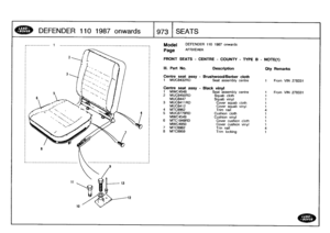 Page 974
DEFENDER
11
0
1
987
o
nw
ards

	

1973TSEATS

Model

Page

DEFENDER
110
1987
onwards

AFRXEA6A

FRONT
SEATS
-
CENTRE
-
COUNTY
-
TYPE
B
-
NOTE(t)

III
.
Part
No
.

	

Description

	

City
Remarks

Centreseat
assy
-
Brushwood/Berber
cloth
1

	

MUC8432RD

	

Seat
assembly
centre

	

1

	

From
VIN
278331

Centre
seat
assy
-
Black
vinyl
t

	

MWC4548

	

Seat
assembly
centre

	

1

	

From
VIN
278331
2
MUC845ORD

	

Squab
cloth

	

1
MUC8447

	

Squab
vinyl

	

1
3

	

MUC8411
RD

	

Cover
squab
cloth...