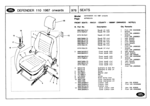 Page 977
DEFENDER
1101987
onwards
T976
SEATS

18

0

Model

Page

FRONT
SEATS
-
RHA-H
-
COUNTY
-
1988MY
ONWARDS
-
NOTE(1)

III
.
Part
No
.

MWC9841
RUY
BTR1760RUY

BTR1761RUY

DEFENDER
110
1987
onwards

AFRXEA7A

Description

Squab
LH
cloth
Squab
RH
cloth

Squab
LH
cloth

Oty
Remarks

From
VIN
HA455646
Note(3)
From
VIN
JA906601
Note(3)
From
VIN
JA906601
Upto
Note(2)
Upto
Note(2)
From
Note(2)
From
Note(2)
Note(3)
From
VIN
JA906583
Note(3)
From
VIN
JA906583
Upto
Note(2)
)From
Note(2)
)Upto
VIN455645
From
VIN...