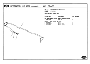 Page 981
DEFENDER
110
1987
onwards

	

1980
I
SEATS

Model

Page
DEFENDER
110
1987
onwards

AFRXEA9A

REAR
SEATS
-
GRAB
RAIL

Ill
.
Part
No
.

	

Description

For
rear
forward
facingseats
-
Station
Wagon
1

	

MWC4380

	

Grab
rail

	

1

Fixings
-
Grab
rail
to
BC
post
2
FS108201L

	

Screw
3
WC108051L

	

Washer
plain
4
WL108001L

	

Washer
spring

Qty
Remarks

444 