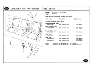 Page 982
111
.
Part
No
.

	

Description

Forward
facing
seat
assy
-
Short

Brushwood/Berber
cloth
1

	

MWC3111RD

	

Seat
assembly
short

Blue
grey/Grey
cloth
1

	

MWC5533RCF

	

Seat
assemblv
short

DEFENDER
110
1987
onwards

AFRXGC1A

Seat
assembly
short

	

1

	

From
Note(t)
Upto
Note(2)
Seat
assembly
short

	

1

	

From
Note(2)

Introduction
Of
1988
Model
year
-
VIN
EA314268
Introduction
Of
1991
Model
year
-
VIN
FA418703
DEF110

LAND-
-

;.
.-ROVER
,
.
1 