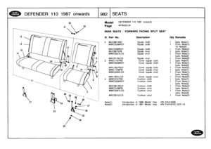 Page 983
DEFENDER
110
1987onwards

	

1982
SEATS

21

23
32

	

Model

	

DEFENDER
110
1987
onwards

31

	

33

	

Page
AFRXGCIA

25

REAR
SEATS
-
FORWARD
FACING
SPLIT
SEAT

Note(l)

	

Introduction
of
1988
Model
Year
-
VIN
EA314268
Note(2)

	

Introduction
of
1991
Model
Year
-
~_
27

	

VIN
FA418703
DEF710

111
.
Part
No
.
Description
Qty
Remarks

2
MUC9974RD
Squab
cloth
1
Upto
Note(l)
MWC5536RCF
Squab
cloth
1
From
Note(l)
To
Note(2)
MXC3169RUY
Squab
cloth
I
From
Note(2)
MUC9975PB
Squab
vinyl
1
Upto
Note(l)...