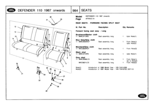 Page 985
DEFENDER
110
1987
onwards

	

984
SEATS

21

23
32

	

Model

	

DEFENDER
110
1987
onwards

31

	

33

	

Page

	

AFRXGC1
A

25

REAR
SEATS
-
FORWARD
FACING
SPLIT
SEAT

Note(l)

	

Introduction
of
1988
Model
Year
-
VIN
EA314268
Note(2)

	

Introduction
of
1991
Model
Year
-
VIN
FA41B703
DEF110

Ill
.
Part
No
.
Description
Oty
Remarks

Forward
facing
seat
assy
-
Long

Brushwood/Berber
cloth
11
MWC3113RD
Seat
assembly
long
1
Upto
Note(l)

Blue
Grey/Grey
cloth
11
MWC5555RCF
Seat
assembly
long
1
From...