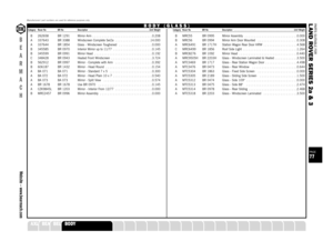 Page 77PARTS SUITABLE FOR
L AND ROVER SERIES 2a & 3
B 262658 BR 1291 Mirror Arm  . . . . . . . . . . . . . . . . . . . . . . . . . . . . . . . .0.208
A 337643 BR 3388 Windscreen Complete Ser2a  . . . . . . . . . . . . . . . . . . .14.000
A 337644 BR 1854 Glass - Windscreen Toughened  . . . . . . . . . . . . . . . . . .0.000
B 345585 BR 0970 Interior Mirror up to 11/77  . . . . . . . . . . . . . . . . . . . . .0.145
B 345599 BR 0991 Mirror Head  . . . . . . . . . . . . . . . . . . . . . . . . . . . . . . .0.192...