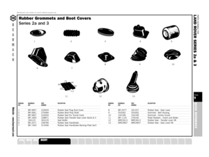 Page 9PARTS SUITABLE FOR
L AND ROVER SERIES 2a & 3PAGE9QUICK REFERENCE
DRAWING BEARMACH PART DESCRIPTIONREF REF NUMBER1 BR 0857 232604 Rubber Seal Plug Dust Cover2 BR 0661 276484 Rubber Boot Prop Shaft3 BR 0857 232604 Rubber Seal For Tunnel Cover4 BR 1855 338871 Rubber Seal Transfer Gear Lever Ser2a & 35 304125 304125 Seat Buffer6 BR 2071 338780 Rubber Seal Handbrake
7 BR 1940 515466 Rubber Seal Handbrake Backing Plate Ser3
DRAWING BEARMACH PART DESCRIPTIONREF REF NUMBER8 BR 2077 301437 Rubber Seal - Gear...
