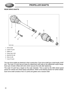 Page 18PROPELLER SHAFTS
22 REAR DRIVE SHAFTS
1. Drive shaft
2. Outer CV joint
3. Stake nut
4. Snap ring (2 off)
5. Bolt M12 (6 off)
6. Shim (3 off)
7. Inner CV joint
The rear drive shafts are identical in their construction. Each drive shaft has a total length of 687
mm. The inner CV joint has six holes for attachment with bolts to the differential output flange.
Each pair of bolts is fitted with shim which secures the bolts after tightening.
The outer CV joint has a target on the outer diameter. This is used...