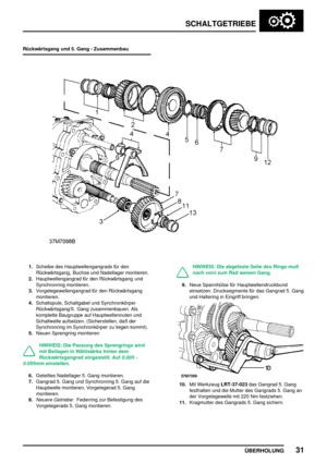 Page 60SCHALTGETRIEBE
ÜBERHOLUNG31
Rückwärtsgang und 5. Gang - Zusammenbau
1.Scheibe des Hauptwellengangrads für den
Rückwärtsgang, Buchse und Nadellager montieren.
2.Hauptwellengangrad für den Rückwärtsgang und
Synchronring montieren.
3.Vorgelegewellengangrad für den Rückwärtsgang
montieren.
4.Schaltspule, Schaltgabel und Synchronkörper
Rückwärtsgang/5. Gang zusammenbauen. Als
komplette Baugruppe auf Hauptwellennuten und
Schaltwelle aufsetzen. (Sicherstellen, daß der
Synchronring im Synchronkörper zu liegen...