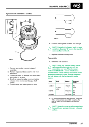 Page 56MANUAL GEARBOX
OVERHAUL27
Synchromesh assemblies - Overhaul
1.Remove spring clips from both sides of
assembly.
2.Remove slippers and separate the hub from
the sleeve.
3.Examine all parts for damage and wear, check
spring clips for tension.
4.Check no excessive radial movement exists
between inner members and output shaft
splines.
5.Examine inner and outer splines for wear.
6.Examine the dog teeth for wear and damage.
NOTE: Example ’A’ shows a tooth in good
condition. Example ’B’ shows the rounded
corners...