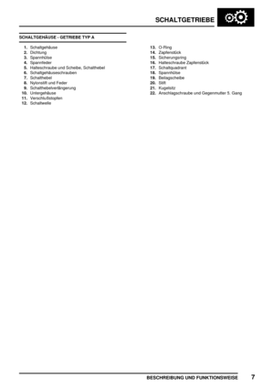 Page 22SCHALTGETRIEBE
BESCHREIBUNG UND FUNKTIONSWEISE7
SCHALTGEHÄUSE - GETRIEBE TYP A
1.Schaltgehäuse
2.Dichtung
3.Spannhülse
4.Spannfeder
5.Halteschraube und Scheibe, Schalthebel
6.Schaltgehäuseschrauben
7.Schalthebel
8.Nylonstift und Feder
9.Schalthebelverlängerung
10.Untergehäuse
11.Verschlußstopfen
12.Schaltwelle13.O-Ring
14.Zapfenstück
15.Sicherungsring
16.Halteschraube Zapfenstück
17.Schaltquadrant
18.Spannhülse
19.Beilagscheibe
20.Stift
21.Kugelsitz
22.Anschlagschraube und Gegenmutter 5. Gang 