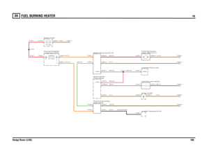 Page 104FUEL BURNING HEATER 
V8
Range Rover (LHD)106
39
FUEL BURNING HEATE RV8
N,1.5SB,0.5
WR,0.35
N,2.5BR,0.75NB,0.35B,0.35 (Coax Assembly)WR,0.35
RY,0.75
WG,0.35
R,35.0R,35.0
RY,2.5
N,35.0
WR,0.35
N,4.0NB,0.5N,0.75
Heater-Fuel burning (H115)control (D243) Module-HEVACheater (D255)
Receiver-Fuel burning
compartment (P101) Fuse box-PassengerBattery (P100)
FUSE 59
20.0 Amps
12.0 Volts
Instrument Pack (J100)Amplifier-Television (F179)Valve-Non-return (N145)Header (K109)heater (FBH) (H111) Pump-Fuel burning...