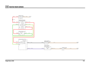 Page 108HEATED REAR SCREEN 
Range Rover (LHD)11040
HEATED REAR SCREEN
N,1.5N,4.0
GY,0.5R,16.0G,4.0R,4.0
UN,0.35B,4.0
R,35.0R,35.0
N,35.0
N,4.0
Switch-Ignition (S176)Fuse box-Rear (P107)
Ignition (Y104)FUSE 9
30.0 Amps
rear screen (R138)Relay-Heated
control (D243) Module-HEVAC
rear screen (S120)Switch-Heated
Rear screen (H100) Heater element-
compartment (P101) Fuse box-PassengerBattery (P100)
FUSE 2
5.0 AmpsFUSE 53
30.0 AmpsLINK 5
100.0 Amps
12.0 Volts
Header (K109)
C0285-0
C2022-10C2024-1C0099-6...