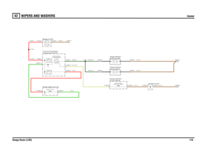 Page 114WIPERS AND WASHERS 
Heated
Range Rover (LHD)116
42
WIP ERS AND  WASHERSHeated
N,1.5N,0.75N,0.75
G,4.0R,4.0SY,0.75
R,35.0R,35.0
BG,0.75BG,0.75
BG,2.5
N,35.0
N,4.0
compartment (P101) Fuse box-Passenger
jet-LH (H127)
Heater-Washer
FUSE 53
30.0 Amps
Switch-Ignition (S176)
Ignition (Y104)
washer jets (S367)Switch-Heater
control (D243) Module-HEVAC
washer jets (R244)Relay-Heated
Battery (P100)
FUSE 47
30.0 Amps12.0 Volts
jet-RH (H128) Heater-Washer
C0946-1C0934-1
C0946-2C0934-2
Header (K109)
C0099-6
C0099-9...