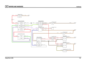Page 116WIPERS AND WASHERS 
Headlamps
Range Rover (LHD)118
42
WIP ERS AND  WASHERS
Headlamps
NB,2.5
N,2.5RS,2.5BY,1.5BN,2.5BN,2.5
N,2.5
RS,2.5
UB,0.35
R,4.0G,4.0PB,4.0
S,2.5
RS,2.5
RS,2.5BN,2.5
R,35.0R,35.0
S,2.5GY,0.5PW,0.35
S,2.5
N,35.0
WR,0.35NB,0.5
N,1.5N,1.5N,4.0N,1.5
compartment (P101) Fuse box-Passenger
unit (BCU) (D162)
Body control
FUSE 53
30.0 AmpsIgnition (Y104)Auxiliary (Y163)
Switch-Ignition (S176)
wash/wipe (R242) Relay-Headlamp
SRA
Header (K109)
Battery (P100)
FUSE 41
5.0 AmpsFUSE 28
30.0 AmpsFUSE...