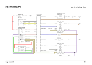 Page 120EXTERIOR LAMPS 
Head, side and tail lamps - Xenon
Range Rover (LHD)122
43
EXTE RIOR LAMPS
Head, side and tail lamps - Xenon
N,0.5SG,0.5SU,0.5U,0.35YG,2.5WG,1.5WU,2.5YU,1.5
GR,0.5GR,0.5
WB,0.5
G,4.0PB,4.0R,4.0
R,35.0R,35.0
R,4.0GS,0.35PY,0.5R,4.0Y,0.35B,0.35NB,0.35
N,35.0
N,1.5WP,0.5
WB,0.5
WP,0.35WP,0.5NB,0.5
NB,1.0
WB,0.5
N,0.5N,0.5N,1.5
FUSE 53
30.0 AmpsFUSE 32
5.0 Amps
switch (D183) Module-Lighting
compartment (P101) Fuse box-PassengerSwitch-Ignition (S176)
Auxiliary (Y163)Ignition (Y104)
Battery...