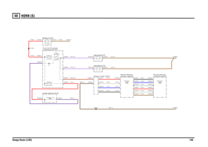 Page 146HORN (S) 
Range Rover (LHD)14848
HORN (S )
N,0.5W,0.5R,0.5S,0.5U,0.5B,0.5
N,0.75N,0.75NB,1.0
PB,4.0R,4.0
NB,0.5
NR,0.35
B,0.5U,0.5W,0.5R,0.5
R,35.0R,35.0
PS,0.75PS,0.75
N,35.0
compartment (P101) Fuse box-PassengerSwitch-Ignition (S176)
Auxiliary (Y163)FUSE 53
30.0 Amps
Rotary coupler (S227)
wheel-LH (D256) Module-Steering
LH (S341) Switch-Horn-
Battery (P100)
FUSE 10
5.0 Amps12.0 Volts
Horn-RH (L103)Horn-LH (L102)
Horn (R133)Relay-
RH (S340) Switch-Horn-
wheel-RH (D257) Module-Steering...