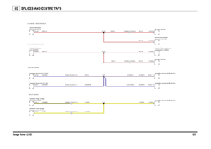 Page 185SPLICES AND CENTRE TAPS 
Range Rover (LHD)18765
SR,0.35SR,0.35UN,MMCUN,MUAY,MUAYB,MMB
Y,MAPG
Y,MAPHY,MAPJ
SR,0.35SR,0.35
SR,0.5
UN,MAPA (LOW SPEC)NU,MAPC (LOGIC7)
SR,0.5
UN,MAPBNU,0.5
SR,0.5SR,0.5
Rear door-LH (F143) Speaker-Low range-Rear-LH (F163)
Speaker-High range-Tweeter-Front-LH (F110)Speaker-Front-LH (F104)door (D253)
Module-DriversRear-LH (S141) Switch-Window-
Amplifier-Power-ICE (F142)
C0803L-28 C2217-28C0803L-14 C2217-14
Amplifier-Power-ICE (F142)Amplifier-Power-ICE (F142)suspension (S325)...