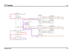 Page 32WINDOWS 
Front
Range Rover (LHD)34
5
WINDOWSFront
UR,0.35UR,0.35UR,0.35RP,2.5RW,2.5
PW,0.35PB,4.0R,4.0
R,35.0R,35.0
UR,0.35RW,4.0UR,0.35
RP,4.0
N,35.0
N,2.5N,2.5NR,0.35N,2.5NR,0.35BS,2.5BG,2.5BS,2.5BG,2.5
N,0.5
N,1.5
N,0.5
N,1.5
Down (Y250)Up/
Auxiliary (Y163)
compartment (P101) Fuse box-PassengerSwitch-Ignition (S176)Battery (P100)
FUSE 11
30.0 AmpsFUSE 24
30.0 AmpsFUSE 41
5.0 AmpsFUSE 53
30.0 Amps
12.0 Volts
Header (K109)C0463-23 C0322-23C0463-27 C0322-27C0459-27 C0336-27C0459-23 C0336-23
unit (BCU)...