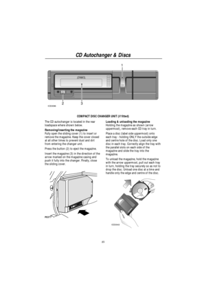 Page 18CD Autochanger & Discs
15
ICE0096231
COMPACT DISC CHANGER UNIT (if fitted)
The CD autochanger is located in the rear
loadspace where shown below.
Removing/inserting the magazine
Fully open the sliding cover (1) to insert or
remove the magazine. Keep the cover closed
at all other times to prevent dust and dirt
from entering the changer unit.
Press the button (2) to eject the magazine.
Insert the magazine (3) in the direction of the
arrow marked on the magazine casing and
push it fully into the changer....