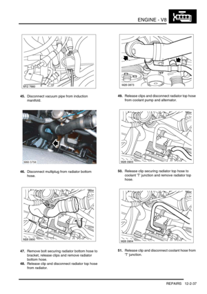 Page 180ENGINE - V8
REPAIRS 12-2-37
45.Disconnect vacuum pipe from induction 
manifold.
46.Disconnect multiplug from radiator bottom 
hose.
47.Remove bolt securing radiator bottom hose to 
bracket, release clips and remove radiator 
bottom hose.
48.Release clip and disconnect radiator top hose 
from radiator.49.Release clips and disconnect radiator top hose 
from coolant pump and alternator.
50.Release clip securing radiator top hose to 
coolant T junction and remove radiator top 
hose.
51.Release clip and...