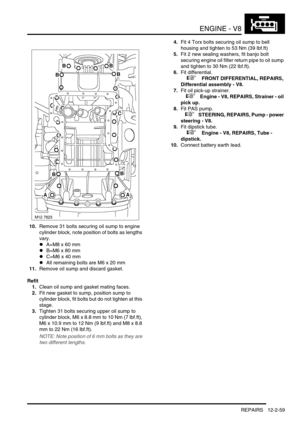 Page 202ENGINE - V8
REPAIRS 12-2-59
10.Remove 31 bolts securing oil sump to engine 
cylinder block, note position of bolts as lengths 
vary.
lA=M8 x 60 mm
lB=M6 x 80 mm
lC=M6 x 40 mm
lAll remaining bolts are M6 x 20 mm
11.Remove oil sump and discard gasket.
Refit
1.Clean oil sump and gasket mating faces.
2.Fit new gasket to sump, position sump to 
cylinder block, fit bolts but do not tighten at this 
stage.
3.Tighten 31 bolts securing upper oil sump to 
cylinder block, M6 x 8.8 mm to 10 Nm (7 lbf.ft), 
M6 x 10.9...