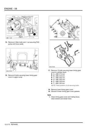 Page 213ENGINE - V8
12-2-70 REPAIRS
15.Remove 2 Allen bolts and 1 nut securing PAS 
pump and move aside.
16.Remove 6 bolts securing lower timing gear 
cover to upper sump.17.Remove 15 bolts securing lower timing gear 
cover to cylinder block.
lA = M8 X 75 mm
lB = M6 X 40 mm
lC = M6 X 85 mm
lD = M6 X 80 mm
lE = M8 X 90 mm
lF = M6 X 60 mm
NOTE: Note position of all securing bolts.
18.Remove lower timing gear cover.
19.Discard 3 lower timing gear cover gaskets.
Refit
1.Clean timing gear cover and mating faces,...