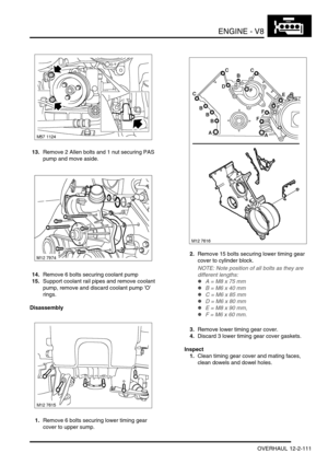 Page 254ENGINE - V8
OVERHAUL 12-2-111
13.Remove 2 Allen bolts and 1 nut securing PAS 
pump and move aside.
14.Remove 6 bolts securing coolant pump
15.Support coolant rail pipes and remove coolant 
pump, remove and discard coolant pump O 
rings.
Disassembly
1.Remove 6 bolts securing lower timing gear 
cover to upper sump.2.Remove 15 bolts securing lower timing gear 
cover to cylinder block.
NOTE: Note position of all bolts as they are 
different lengths:
lA = M8 x 75 mm
lB = M6 x 40 mm
lC = M6 x 85 mm
lD = M6 x...