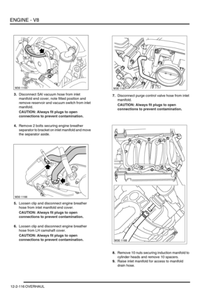 Page 259ENGINE - V8
12-2-116 OVERHAUL
3.Disconnect SAI vacuum hose from inlet 
manifold end cover, note fitted position and 
remove reservoir and vacuum switch from inlet 
manifold.
CAUTION: Always fit plugs to open 
connections to prevent contamination.
4.Remove 2 bolts securing engine breather 
separator to bracket on inlet manifold and move 
the separator aside.
5.Loosen clip and disconnect engine breather 
hose from inlet manifold end cover.
CAUTION: Always fit plugs to open 
connections to prevent...