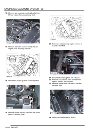 Page 291ENGINE MANAGEMENT SYSTEM - V8
18-2-20 REPAIRS
16.Remove fuel hose and mounting bracket from 
LH fuel injector harness securing stud.
17.Release alternator harness from 2 clips on 
engine cover mounting brackets.
18.Disconnect multiplugs from LH fuel injectors.
19.Release engine harness from clips and move 
clear of camshaft cover.20.Remove 2 nuts securing engine harness to 
induction manifold
21.Disconnect multiplug from SAI solenoid.
22.Remove SAI solenoid valve from RH fuel 
injector harness securing...