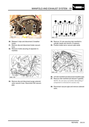 Page 332MANIFOLD AND EXHAUST SYSTEM - V8
REPAIRS 30-2-9
30.Release 2 clips and disconnect 2 breather 
hoses.
31.Remove clip and disconnect brake vacuum 
hose.
32.Remove 2 bolts securing oil separator to 
manifold.
33.Remove clip and disconnect purge solenoid 
valve vacuum hose. Disconnect SAI vacuum 
pipe.34.Remove 10 nuts securing inlet manifold to 
cylinder heads and remove 10 spacers.
35.Position brake servo vacuum pipe aside.
36.Lift inlet manifold and disconnect breather pipe.
37.Remove inlet manifold and...