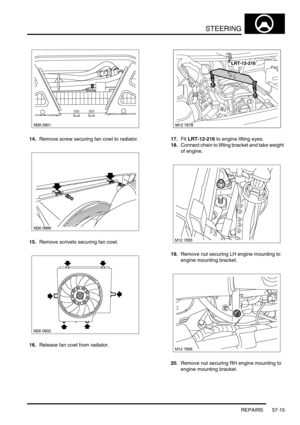 Page 442STEERING
REPAIRS 57-15
14.Remove screw securing fan cowl to radiator.
15.Remove scrivets securing fan cowl.
16.Release fan cowl from radiator.17.Fit LRT-12-216 to engine lifting eyes.
18.Connect chain to lifting bracket and take weight 
of engine.
19.Remove nut securing LH engine mounting to 
engine mounting bracket.
20.Remove nut securing RH engine mounting to 
engine mounting bracket. 