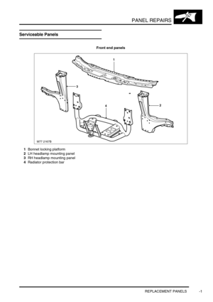 Page 728PANEL REPAIRS
REPLACEMENT PANELS -1
PANEL REPAIRS REPLACE ME NT PA NELS
Serviceable Panels
Front end panels
1Bonnet locking platform
2LH headlamp mounting panel
3RH headlamp mounting panel
4Radiator protection bar 