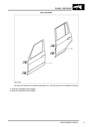 Page 736PANEL REPAIRS
REPLACEMENT PANELS -9
Door assemblies
The doors are serviced as complete assemblies only. The door skins are not available for service.
1Front door assembly (minus hinges)
2Rear door assembly (minus hinges) 