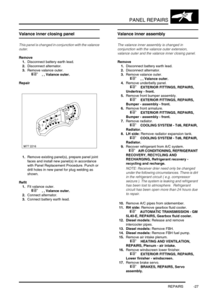 Page 754PANEL REPAIRS
REPAIRS -27
Valance inner closing panel
This panel is changed in conjunction with the valance 
outer.
Remove
1.Disconnect battery earth lead.
2.Disconnect alternator. 
3.Remove valance outer. 
 
 +  , , Valance outer.
Repair
1.Remove existing panel(s), prepare panel joint 
faces and install new panel(s) in accordance 
with Panel Replacement Procedure. Punch or 
drill holes in new panel for plug welding as 
shown. 
Refit
1.Fit valance outer. 
 
 +  , , Valance outer.
2.Connect alternator....