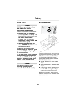 Page 216Battery
215
BatteryBATTERY SAFETY
WARNING
ALWAYS wear appropriate eye protection 
when working around batteries.
Batteries contain acid, which is both 
corrosive and poisonous. If spillage occurs:
•On clothing or the skin - remove any 
contaminated clothing immediately, flush 
the skin with large amounts of water, and 
seek medical attention urgently.
•In the eyes - flush with clean water 
immediately for at least 15 minutes. Seek 
medical attention urgently.
•Swallowing battery acid can be fatal 
unless...