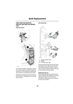 Page 259Bulb Replacement
258
FRONT DIRECTION INDICATOR, 
SIDELIGHT AND FRONT SIDE MARKER 
LIGHT
Light unit removal
From inside the engine compartment, unscrew 
the nut (anti-clockwise), to release the light unit 
(see inset). The nut is attached to a safety strap, 
which prevents it from falling into the engine.
Keeping hold of the light unit, ease it away from 
the vehicle body, disengaging the two locating 
lugs (arrowed).Bulb replacement
1.Direction indicator light
2.Sidelight
3.Front side marker light
Having...