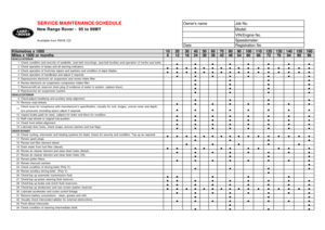 Page 1SERVICE MAINTENANCE SCHEDULE Owners nameJob No.
New Range Rover -  95 to 99MYModel:
VIN/Engine No.
Available from RAVE CDSpeedometer:DateRegistration NoKilometres x 1000102030405060708090100110120130140150160Miles x 1000 or months6121824303642485460667278849096VEHICLE INTERIOR
1Check condition and security of seatbelts, seat belt mountings, seat belt buckles and operation of inertia seat belts.········2Check operation of lamps and all warning indicators.················3Check operation of front/rear...