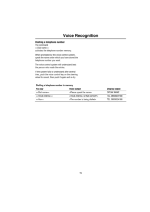 Page 8178
Voice Recognition
Dialling a telephone number
The command
>>Dial name>Dial namePlease speak the name< SPEAK NAME
>>Royd AndrewRoyd Andrew, is that correct?< TEL 0893824168
>>YesThe number is being dialled< TEL 0893824168 