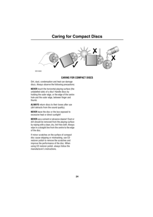 Page 27Caring for Compact Discs
24
Ca ring  fo r C om pa ct  Discs
CARING FOR COMPACT DISCS
Dirt, dust, condensation and heat can damage 
discs. Always observe the following precautions:
NEVER touch the horizontal playing surface (the 
unlabelled side) of a disc! Handle discs by 
holding the outer edge, or the edge of the centre 
hole and the outer edge, between finger and 
thumb.
ALWAYS return discs to their boxes after use 
(dirt detracts from the sound quality).
NEVER leave the disc or the box exposed to...