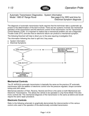 Page 2Page 1 of 24
1-13 Operation Pride
Automatic Transmission Diagnostics - System Information
Model: 1995-97 Range Rover See page 8 for SRO and time for 
Electrical Symptom diagnosis
The diagnosis of automatic transmission faults requires that the technician take a systematic ap-
proach to the determination of the fault involved. There are two systems involved; the mechanical
operation of the transmission and the electronic control of the transmission via the Transmission
Control Module (TCM). It is...