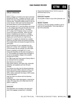Page 143RADIO (EXCEPT NAS)
1
ETM E6
1995 RANGE ROVER
ELECTRICAL TROUBLESHOOTING MANUAL
CIRCUIT OPERATION
(::,8? 